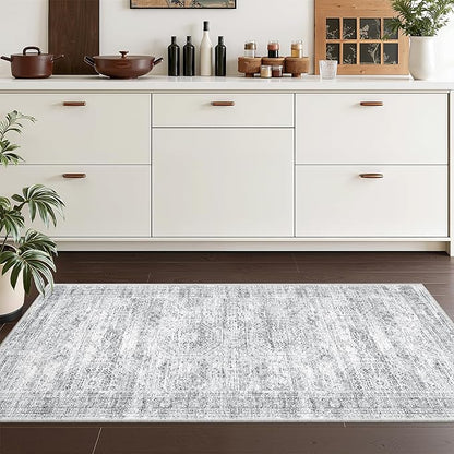 2x4 Washable Rug Runner for Bathroom, Soft Entryway Rug for Laundry Room, Kitchen, Vintage Abstract Hallway Runner for Bedroom, Anti-Slip Door Mat Indoor Entrance(2'x4', Grey/Ivory)