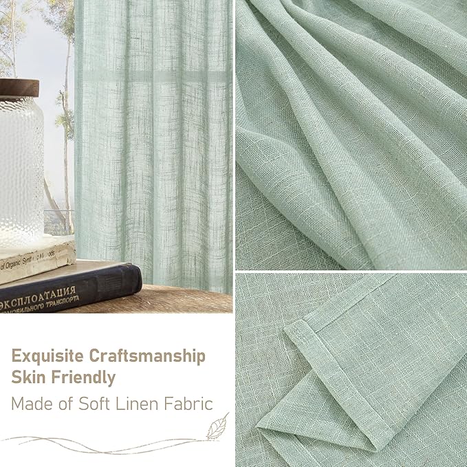 LAMIT Light Sage Linen Sheer Curtains for Bedroom, Faux Linen Textured Light Filtering Drapes Back Tab and Rod Pocket Boho Burlap Panels for Farmhouse/Living Room, 2 Panels, 52 x 84 Inch