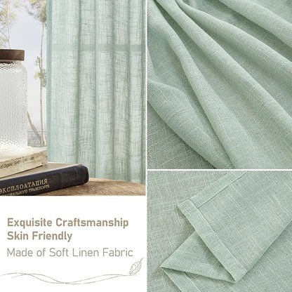 LAMIT 54 Inch Semi Sheer Window Linen Curtains, Light Filtering Panels Back Tab and Rod Pocket Neutral Drapes for Bedroom/Living Room, Light Sage, 2 Panels, 34 x 54 Inch