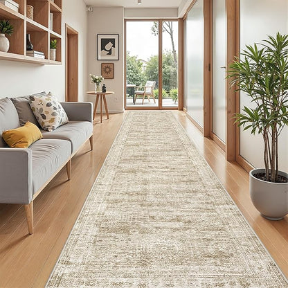 Washable Runner Rug 2.5x14, Non-Slip Long Hallway Runner for Entryway, Soft Vintage Kitchen Mats for Floor, Abstract Dining Room, Bedroom, Living Room Rugs(2.5'x14', Brown/Ivory)