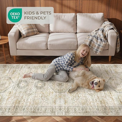 2x5 Rug Runner Washable for Entryway, Soft Bathroom Rugs with Non-Slip Backing, Abstract Low Pile Hallway Runner, Vintage Small Kitchen Carpet for Stair, Laundry Room(2'x5', Grey/Yellow)