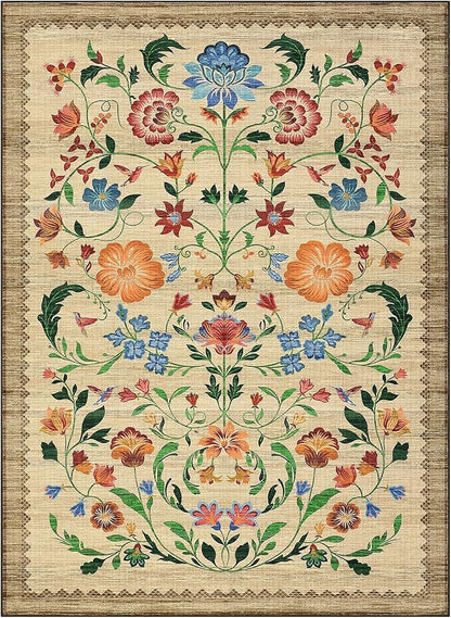 GarveeHome Washable Rug 3x5 Area Rugs for Living Room, Floral Rug for Bedroom, Soft Boho Non Slip Throw Rugs with Rubber Back, Low Pile Stain Resistant Vintage Floral Carpet for Dining Room, Beige