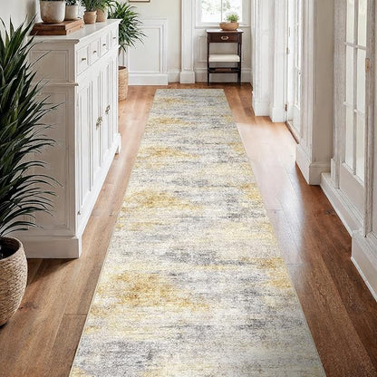 3x15 Washable Kitchen Runner Rug: Modern Abstract Runners for Hallway Soft Non Slip Rugs with Rubber Backing Low Pile Thin Waterproof Floor Carpet for Entryway Bedroom Bathroom Indoor 3x15 Grey/Yellow