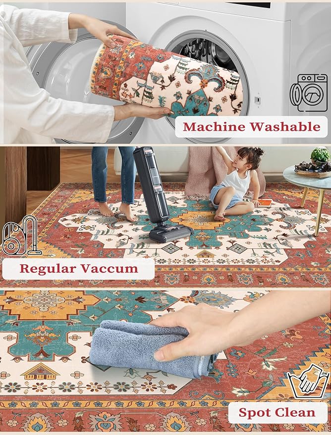 SERISSA Boho Washable Runner Rug, 2'6"x8' Non-Slip Vintage Orange Hallway Kitchen Runner Rug Ultra Soft Print Distressed Floor Carpet for Bedroom Bathroom Laundry Living Room