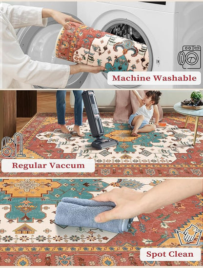 SERISSA Boho Washable Runner Rug, 2'6"x10' Long Non-Slip Vintage Orange Hallway Kitchen Stair Runner Rug Ultra Soft Print Distressed Floor Carpet for Bedroom Bathroom Laundry Room