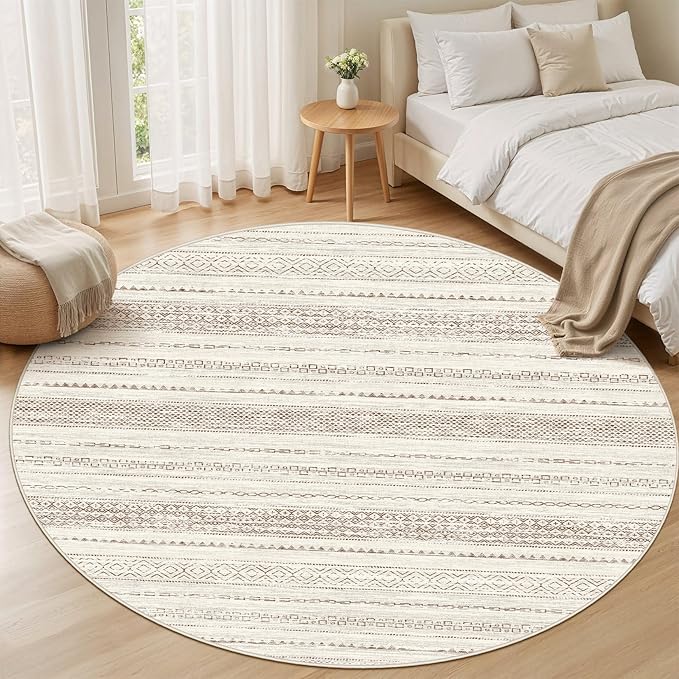 Nakagishi Round Rug Boho Area Rugs: 6x6 Washable Large Circle Neutral Soft Stain Resistant Non-Slip Carpet for Women Aged 25-45 Farmhouse Decor Enthusiasts - Living Room Bedroom Dining Room Nursery