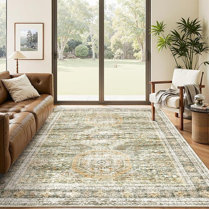 5x7 Area Rugs Green Orange Low Pile Indoor Washable Trendy Faded Style Rugs for Bedroom Living Room Dining Room Foldable Non-Slip Thin Print Mat