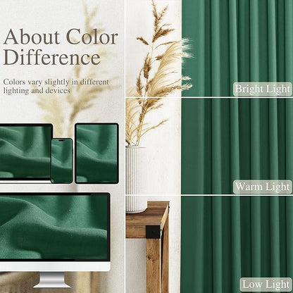 Dark Green Linen Curtains 90 Inch Long 2 Panels Set for Bedroom Living Room Emerald Green Linen Textured Window Drapes Semi Sheer Light Filtering Rod Pocket Back Tab Farmhouse Curtain 52x90
