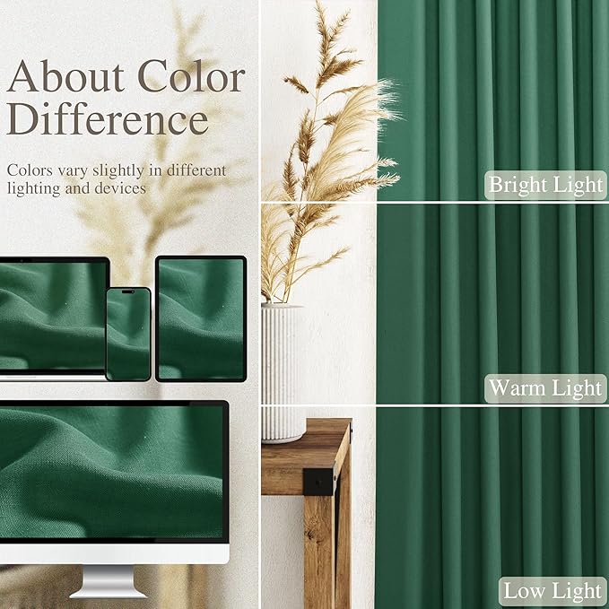 Nanspring Dark Green Linen Curtains 96 Inches Long 2 Panels Set for Living Room Rod Pocket Back Tab Semi Sheer Light Filtering Protect Privacy Emerald Green Curtain for Bedroom Floor Length 52x96