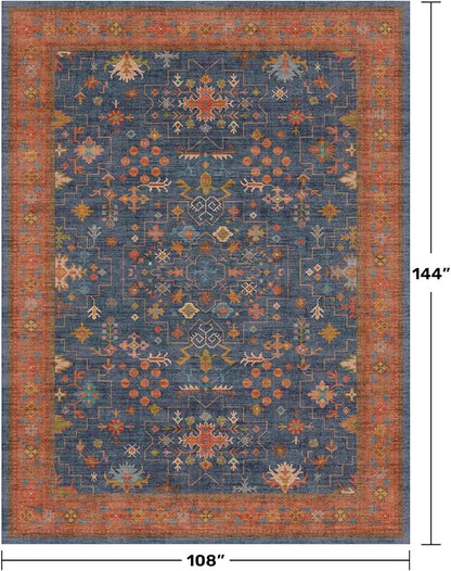 Navy Blue Area Rugs 9x12 Living Room, Dining Room Rugs for Under Table - Washable Low Pile Non-Slip Rugs for Bedroom - Vintage Boho Eclectic Home Decor - Ultra Soft Faux Wool Stain Resistance