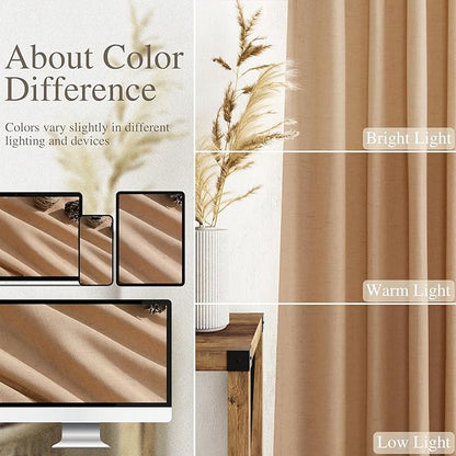 Nanspring Camel Linen Curtains 63 Inches Length 2 Panels Set for Living Room Back Tab Pocket Light Filtering Semi Sheer Drapes Modern Farmhouse Cotton Linen Textured Window Curtain 52X63 Inches