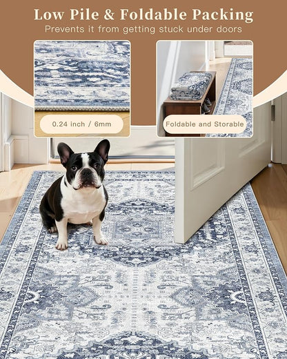 Madane Hallway Washable Runner Rug - 2x10 Kitchen Rugs Entryway Rug Runner Vintage Soft Floor Mat Non Slip Indoor Farmhouse Carpet for Bathroom Living Room Bedroom (2 X 10, Navy/White)