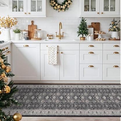 Hallway Washable Runner Rug - 2x10 Kitchen Rugs Entryway Rug Runner Vintage Soft Floor Mat Non Slip Indoor Farmhouse Carpet for Bathroom Living Room Bedroom(2 X 10, Black)