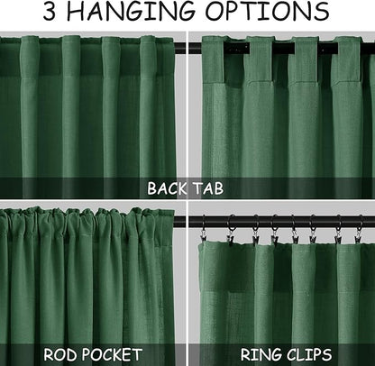 Nanspring Green Boho Curtains for Bedroom Back Tab Rod Pocket Semi Sheer Linen Curtains 90 Inches Long 2 Panel Set Light Filtering Neutral Farmhouse Lightweight Drapes for Living Room 52x90