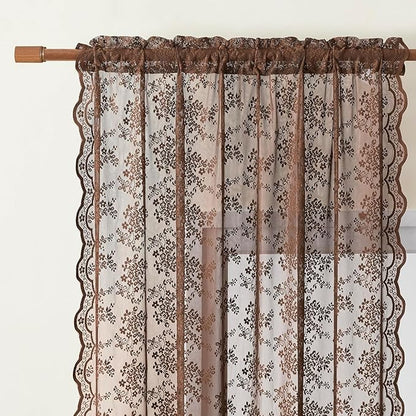 YJ YANJUN Vintage Lace Curtains 108 Inches Long-Victorian Floral Pattern Brown Sheer Curtain Panels for Living Room Tall Windows,Light Filtering, Rustic Farmhouse Neutral Decor 2 Panels 52W x 108L