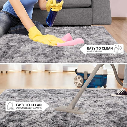Tepook Fluffy Large Rugs for Living Room, Area Rug 6x9 Soft Carpet for Bedroom, Modern Shaggy Rug for Kids Boys Girls, Plush Indoor Nursery Home Decor Rug with Non-Slip Bottom, Tie-dye Light Grey