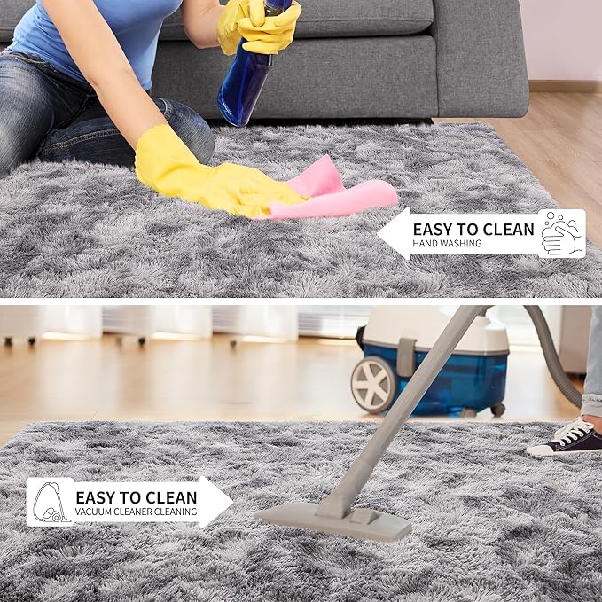 Tepook Area Rugs 9x12 for Living Room, Super Soft Fluffy Rugs for Bedroom, Modern Shaggy Rug Fuzzy Carpets for Kids, Plush Indoor Nursery Home Decor Rug with Non-Slip Bottom, Tie-Dyed Light Grey
