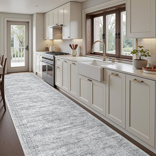 3x16 Washable Runner Rug for Hallway, Non-Slip Long Hallway Runner for Entryway, Soft Vintage Kitchen Mats for Floor, Abstract Dining Room, Bedroom, Living Room Rugs(3'x16', Grey/Ivory)