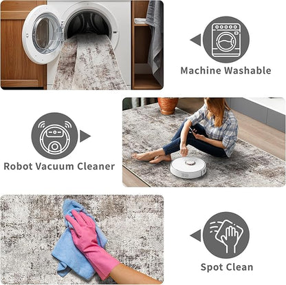 3x6 Washable Entryway Runner Rug: Non Slip Wide Hallway Runners Easy-to-Clean - Soft Living Room Bedroom Kitchen Carpet - Thin Low Pile Printed Floor Mat for Dining Room Beige Brown