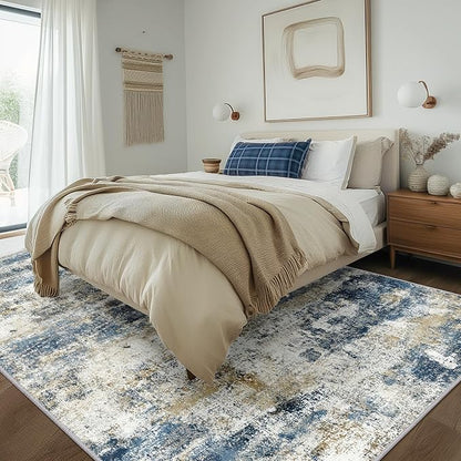 BEIMO Area Rugs 6x9 for Living Room Bedroom, Modern Abstract Machine Washable Rug, Large Soft Low Pile Floor Carpet with Non Slip Backing for Dining Room, Navy Blue Beige