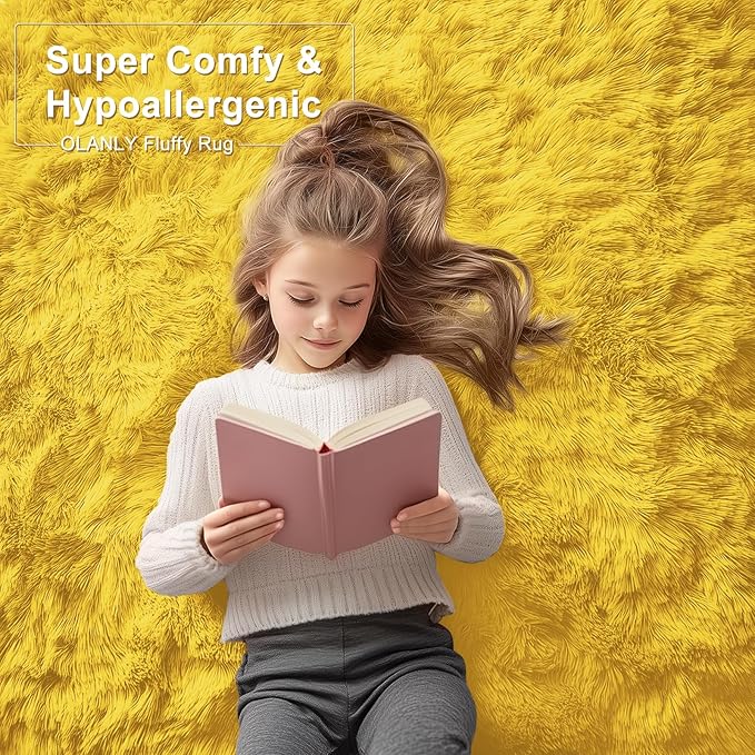 OLANLY 2x8 Machine Washable Runner Rugs for Hallway, Soft Fluffy Shaggy Bedside Rugs for Bedroom, Living Room, Indoor Floor Carpet for Kids Girls and Boys, Nursery Rooms, Home Decor Aesthetic, Yellow