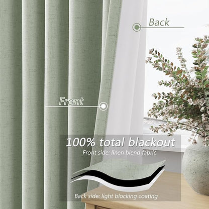 Guken 100% Blackout Curtains 120 Inch Length 2 Panels Set for Living Room Bedroom Back Tab Thermal Insulated Black Out Linen Drapes Room Darkening Window Curtains Mist Sage 52x120