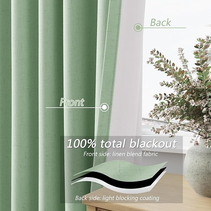 Guken 100% Blackout Curtains 120 Inch Length 2 Panels Set for Living Room Bedroom Back Tab Thermal Insulated Black Out Linen Drapes Room Darkening Window Curtains Aqua Green 52x120