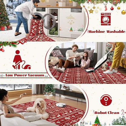 Christmas Rug 8x10 Washable Rugs, Boho Christmas Tree Snowflake Rug Non-Slip Soft Low Pile Non Shedding Indoor Holiday Carpet for Living Room Bedroom Dining Room Home Office (XmasRed, 8'x10')