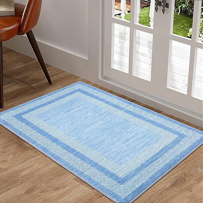 GarveeHome Modern Geometric Area Rug 2x3 Distressed Bordered Washable Non Slip Floor Small Carpet Non Shedding Thin Soft Low Pile Rug, Contemporary Gray Rug for Dining Room, Living Room Light Blue