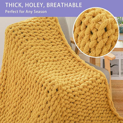 Bigacogo Chunky Knit Throw Blanket for Couch, 51x63 inches, 100% Hand Knitted with Thick Jumbo Chenille Yarn, Cozy Soft Large Rope Knot Cable Crochet Blankets for Sofa Bed Living Room, Mustard Yellow