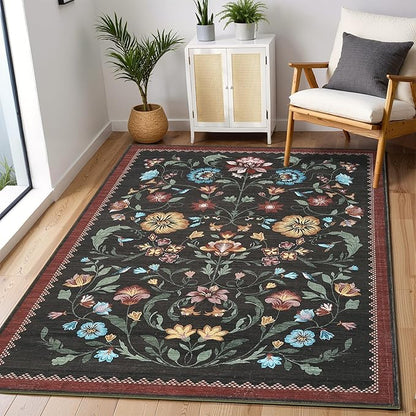 GarveeHome Washable Rug 4x6 Area Rugs for Living Room, Floral Rug for Bedroom, Soft Boho Non Slip Throw Rugs with Rubber Back, Low Pile Stain Resistant Vintage Floral Carpet for Dining Room, Red