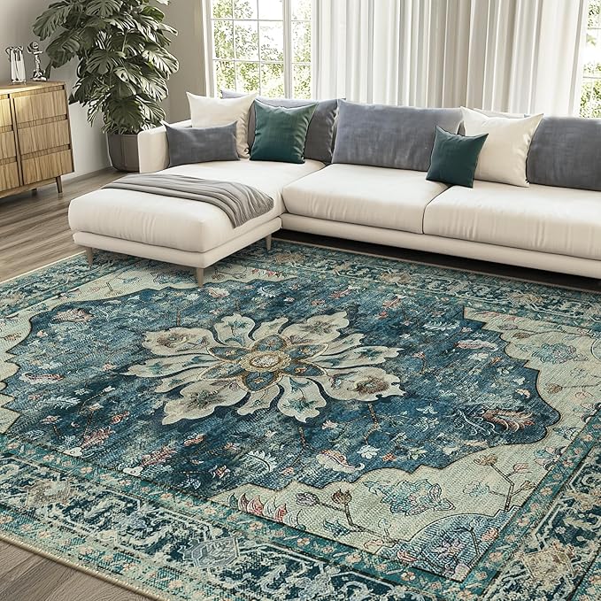 RELEANY Area Rugs 9'x12' Washable Non-Slip, Floral Vintage Distress Print Pattern Medallion Carpet for Living Room Bedroom Dining Room, Dark Blue Vintage