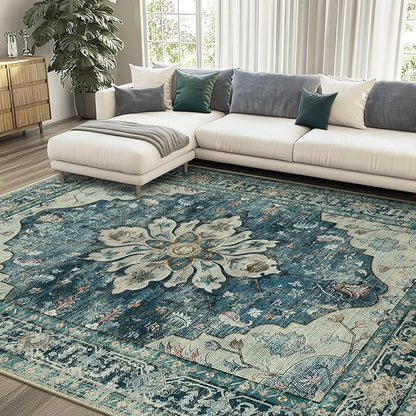 RELEANY Area Rugs 6'x9' Washable Non-Slip, Floral Vintage Distress Print Pattern Medallion Carpet for Living Room Bedroom Dining Room, Dark Blue Vintage