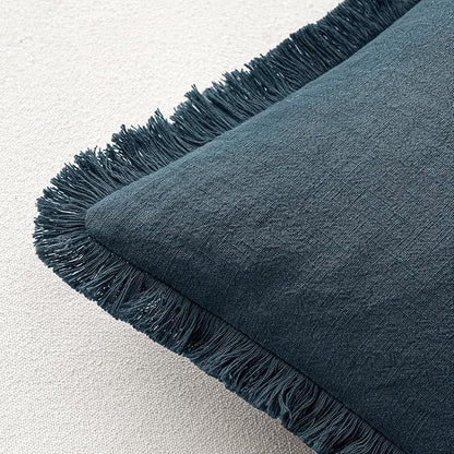 MIULEE Decorative Throw Pillow Covers Neutral Linen Fringe Throw Pillows Euro Shams Set of 2 Navy Blue Boho Farmhouse Cushion Covers for Couch Sofa Bed Living Room Spring Home Decor 24x24 Inch