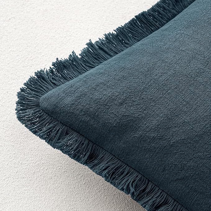 MIULEE Decorative Throw Pillow Covers Neutral Linen Fringe Throw Pillows Euro Shams Set of 2 Navy Blue Boho Farmhouse Cushion Covers for Couch Sofa Bed Living Room Spring Home Decor 26x26 Inch