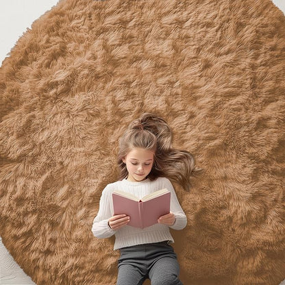 OLANLY Khaki Round Rugs for Bedroom - Machine Washable, 7 ft Circle Area Rugs for Living Room, Soft and Fluffy Shaggy Carpet for Teen Girl and Boys, Nursery Rooms, Dorms, Home Decor Aesthetic