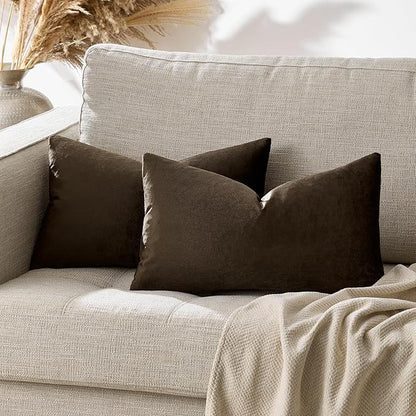 GIGIZAZA Brown Velvet Pillow Covers 12x20,Small Solid Throw Pillow Covers Decorative Modern Pillows Lumabr Vintage Cases Pack of 2