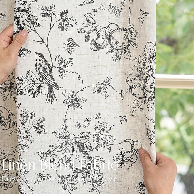 jinchan Linen Floral Curtains for Living Room 84 Inch Length Black Printed Flower Light Filtering French Country Curtain Farmhouse Cottage Core Toile Curtains Back Tab Window Drapes Set 2 Panels