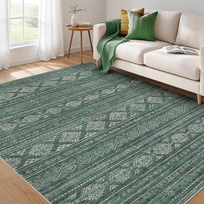 Nakagishi 6x9 Area Rugs Living Room: Washable Boho Large Neutral Soft Farmhouse Rug Stain Resistant Modern Indoor Floor Non-Slip Carpet for Bedroom Nursery Kids Playroom Office Dining Room Dorm- Green