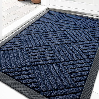 OLANLY Front Door Mat Outside Entrance 29.5x17, Absorbent, Heavy Duty Sturdy Natural Rubber Doormat Indoor Outdoor, Stain Fade Resistant, Non-Slip Low Profile Floor Mat for Entryway, Navy Blue Diamond