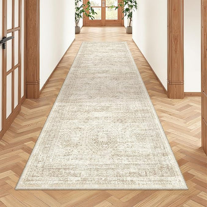 2x7 Runner Rug Non Slip, Thin Entryway Washable Rug for Entryway, Runners for Hallways, Low Pile Vintage Abstract Soft Rugs for Living Room, Kitchen, Bedroom(2'x7', Beige/Ivory)