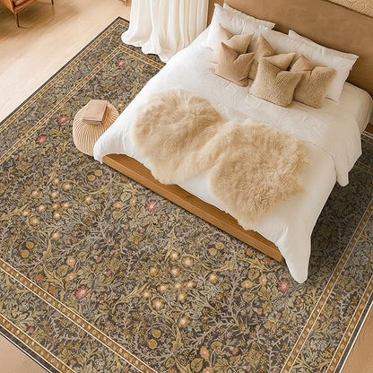 Large 8x12 Boho Living Room Rug - Gold Brown Geometric Floral Area Rug for Dining Room Under Table, Bedroom Under Bed, Low Pile & Soft - Vintage Design & Stain Resistance Carpet