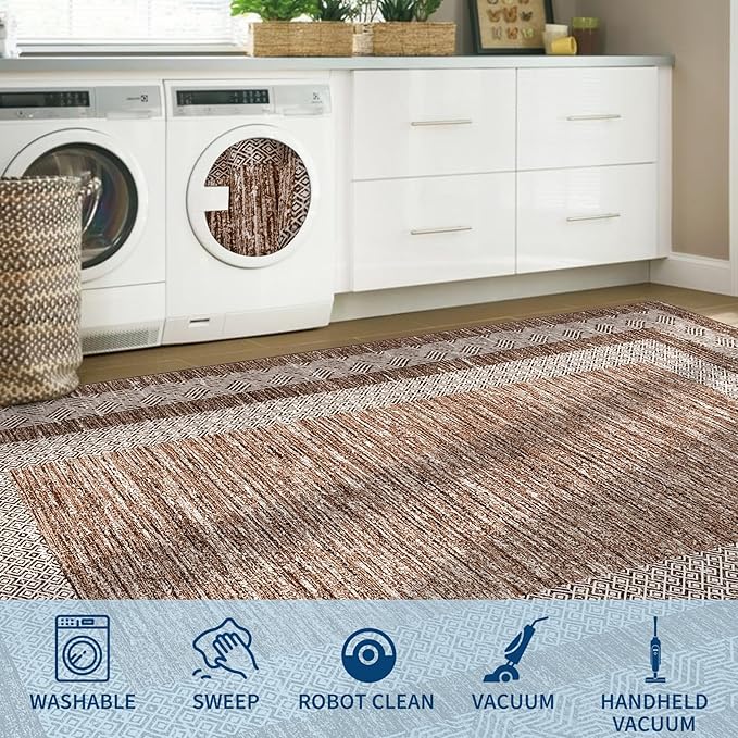 GarveeHome Extra Large Area Rug 10x13 Modern Geometric Rug with Non Slip Rubber Backing, Thin Washable Foldable Carpets, Soft Low Pile Non Shedding Printed Floor Mats for Hotel Office, Brown