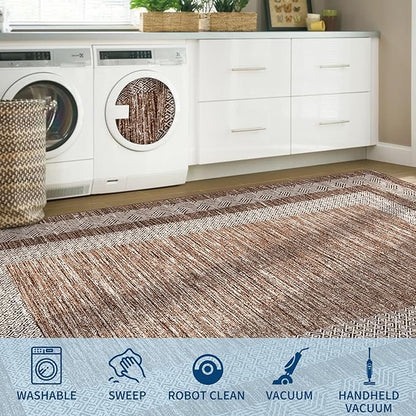 GarveeHome Washable Rug 5x7 Modern Bordered Rug with Non Slip Rubber Backing, Low Pile Thin Carpet, Soft Non Shedding Floor Covering, Foldable Printed Carpet for Living Room Bedroom, Brown