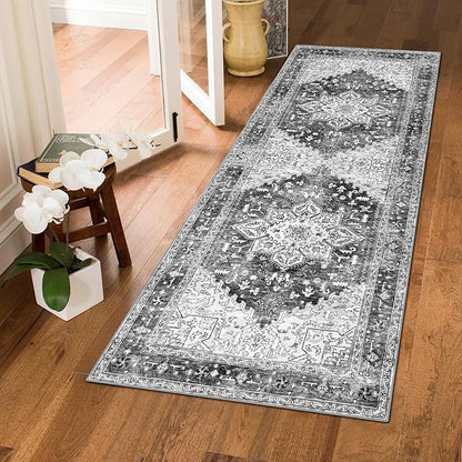 Yamaziot Washable Runner Rug, 2x5 Non-Slip Boho Vintage Hallway Rug Runner with Rubber Backing, Stain Resistant & Low Pile Faux Wool Distressed Carpet Runner for Bedroom, Kitchen, Laundry, Entrance
