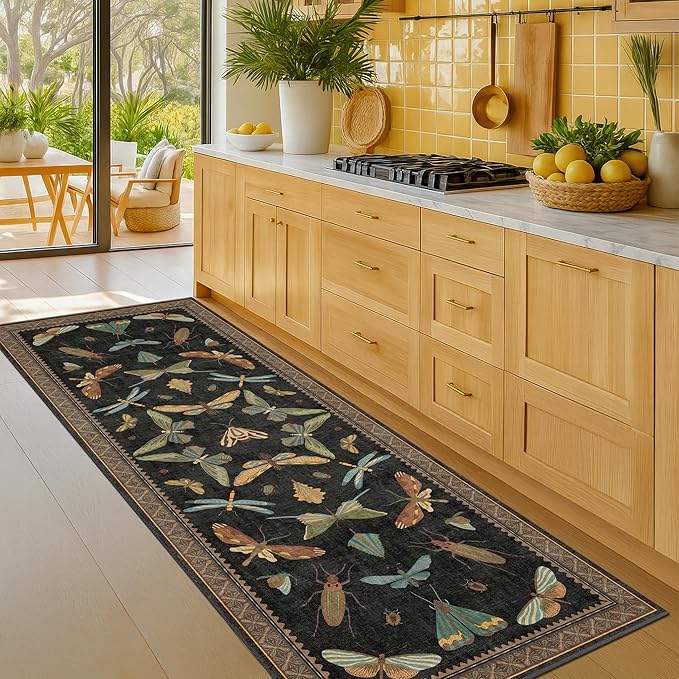 2x7 Black Non Slip Entryway Runner Rug, Boho Washable Runner for Hallway, Kitchen, Mudroom, Laundry Room, Nature Insect Low Pile & Soft Carprt, Vintage Indoor Décor