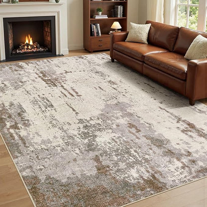 UERMEI 9x12 Area Rug Living Room Rugs - Washable Neutral Modern Abstract Soft Thin Rug Indoor Floor No Slip Rug Carpet for Bedroom Under Dining Table Home Office Decor - Brown/Grey/Beige