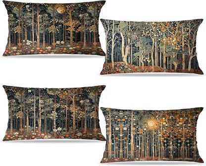 Rustic William Morris Inspired Forest Moon Pillow Covers 12x20 Set of 4,Vintage Botanical Nature Landscape Decorative Throw Pillow Covers for Home Bedroom Living Room,Fall Home Room Decor