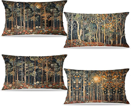 Rustic William Morris Inspired Forest Moon Pillow Covers 12x20 Set of 4,Vintage Botanical Nature Landscape Decorative Throw Pillow Covers for Home Bedroom Living Room,Fall Home Room Decor