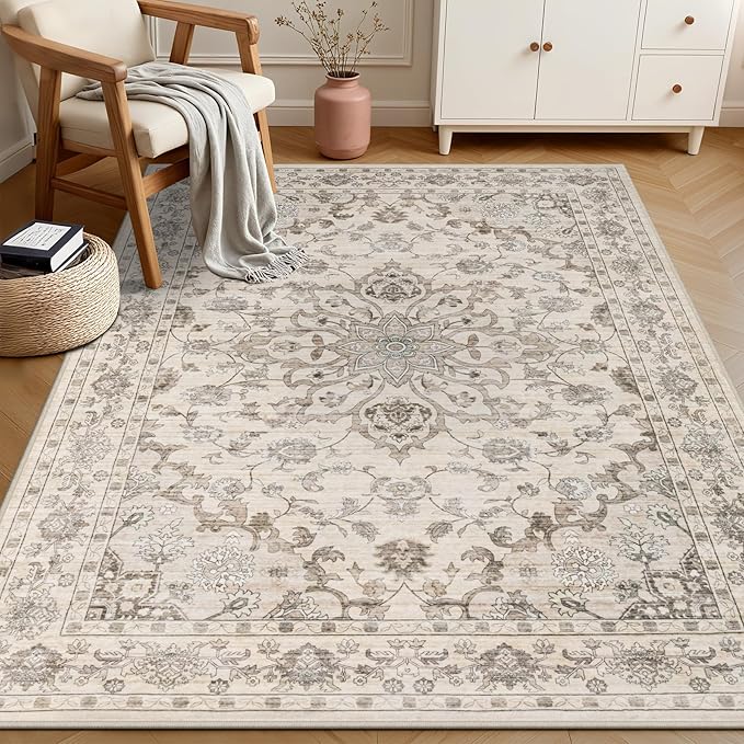 5x7 Area Rugs Living Room Rug: Washable Vintage Distressed Floral Rug No Slip Stain Resistant Soft Carpet Indoor Large Carpets for Bedroom Dining Room Farmhouse Nursery Hallway Home Office Brown Beige